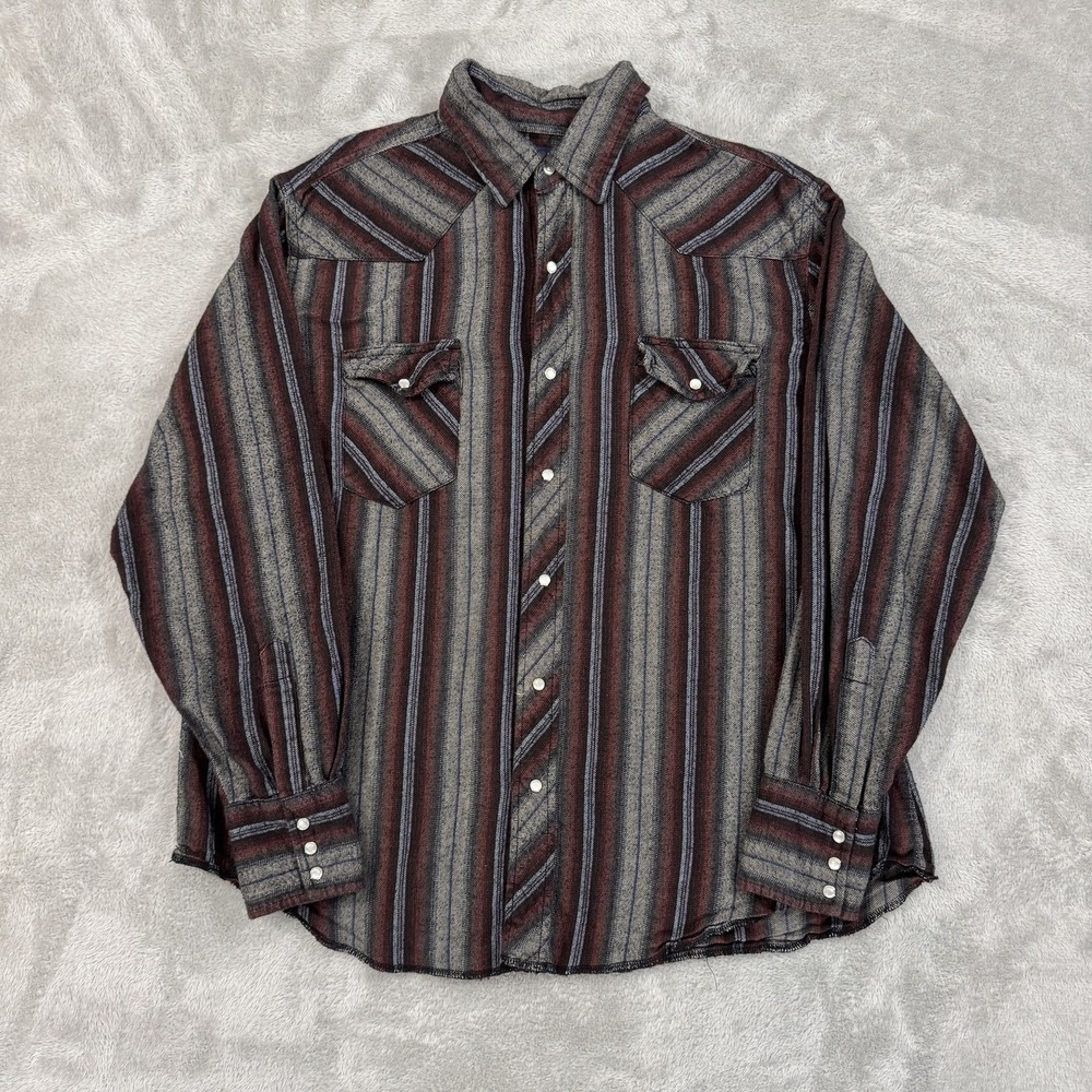 Wrangler Shirt‎ Mens XL Gray Maroon Striped Light Flannel Western Pearl Snap